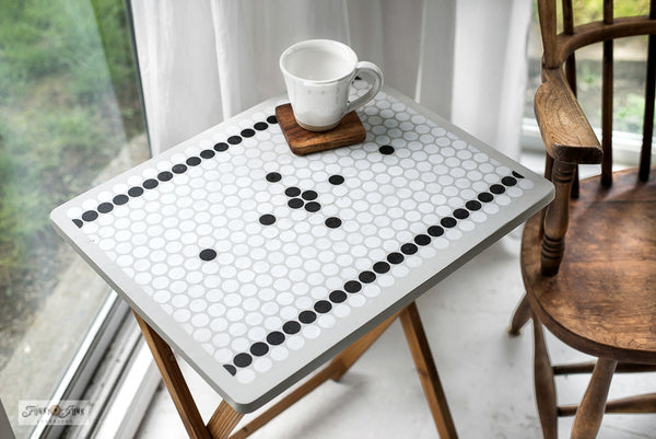 The Penny Tile stencil by Funky Junk's Old Sign Stencils is a reusable, repeating pattern 2-piece stencil kit that mimics the look of classic penny tiles! Included is a Tile stencil, as well as a Designs stencil to easily add designs and borders to your tiles!