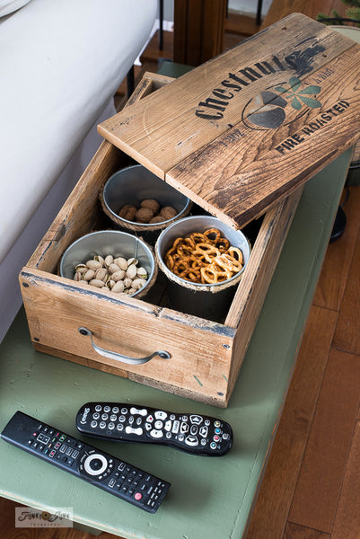 Learn how to build a DIY wood crate snack box with a charming Chestnuts theme stenciled on the lid with Funky Junk's Old Sign Stencils!