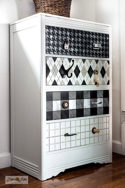 Argyle by Funky Junk's Old Sign Stencils, is a 2-piece stencil available in Small and Large. It's now possible to stencil this classic pattern onto any surface that accepts paint! The two sizes offer the perfect scales for small projects, or larger such as furniture.