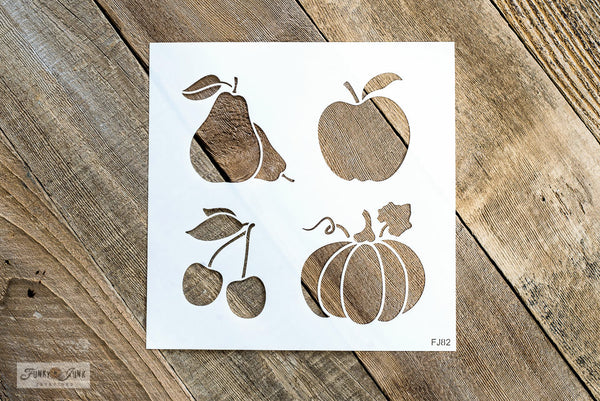 Fall Produce Graphics is a 1-piece stencil with 4 produce images that include a pear, apple, cherries and a pumpkin. Each fruit bears a leaf and they are all scaled to the same size to work well together and with our other fall stencil collections.