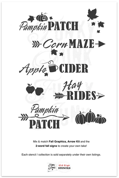 Pumpkin Patch stencil by Funky Junk's Old Sign Stencils is the perfect stencil for fall or Halloween decorating! Create a sign on reclaimed wood, use it on furniture, or anywhere desired! Collect all our fall signs that match - Corn Maze, Hay Rides and Apple Cider.
