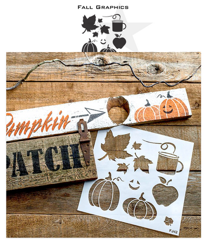 Fall Graphics stencils by Funky Junk's Old Sign Stencils is the perfect stencil to bring your fall or Halloween stenciled signs to life! Team up these stencils with our fall signs that match - Corn Maze, Hay Rides, Pumpkin Patch and Apple Cider. Add our Arrow Kit to complete the reproduction sign look!
