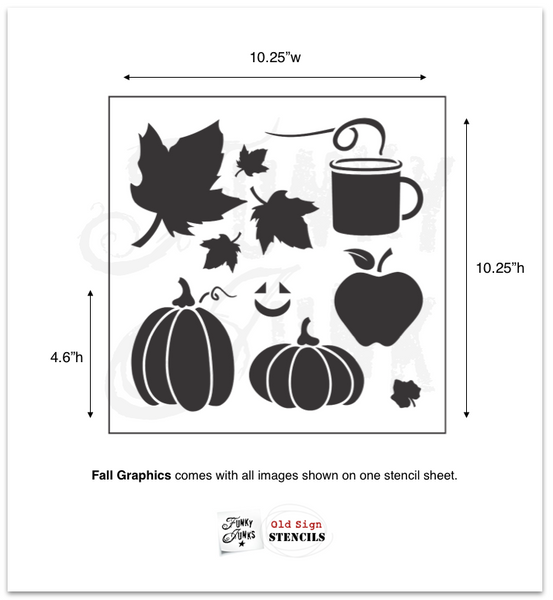 Fall Graphics stencils by Funky Junk's Old Sign Stencils is the perfect stencil to bring your fall or Halloween stenciled signs to life! Team up these stencils with our fall signs that match - Corn Maze, Hay Rides, Pumpkin Patch and Apple Cider. Add our Arrow Kit to complete the reproduction sign look!