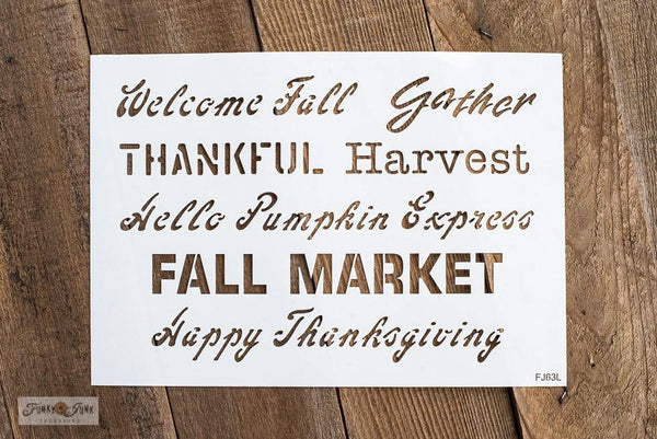 Fall Greetings by Funky Junk's Old Sign Stencils offers the perfect fall sayings all on one stencil! Designed with a fun mix of fonts, this stencil is perfect for enhancing any fall project. Includes: Welcome Fall, Gather, Thankful, Harvest, Hello Pumpkin, Pumpkin Express, Fall Market, Happy Thanksgiving. 2 sizes.