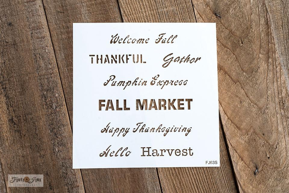 Fall Greetings by Funky Junk's Old Sign Stencils offers the perfect fall sayings all on one stencil! Designed with a fun mix of fonts, this stencil is perfect for enhancing any fall project. Includes: Welcome Fall, Gather, Thankful, Harvest, Hello Pumpkin, Pumpkin Express, Fall Market, Happy Thanksgiving. 2 sizes.