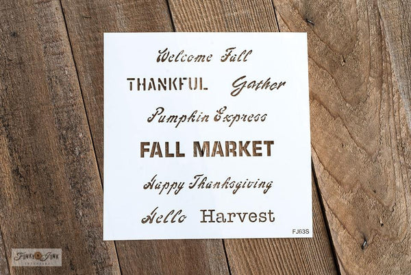 Fall Greetings by Funky Junk's Old Sign Stencils offers the perfect fall sayings all on one stencil! Designed with a fun mix of fonts, this stencil is perfect for enhancing any fall project. Includes: Welcome Fall, Gather, Thankful, Harvest, Hello Pumpkin, Pumpkin Express, Fall Market, Happy Thanksgiving. 2 sizes.