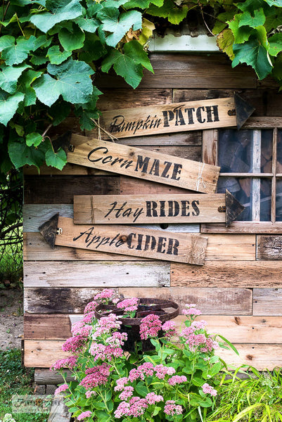 Collect all 4 iconic fall stencils to create this fall directional sign! Includes Pumpkin Patch, Apple Cider, Hay Rides and Corn Maze by Funky Junk's Old Sign Stencils.