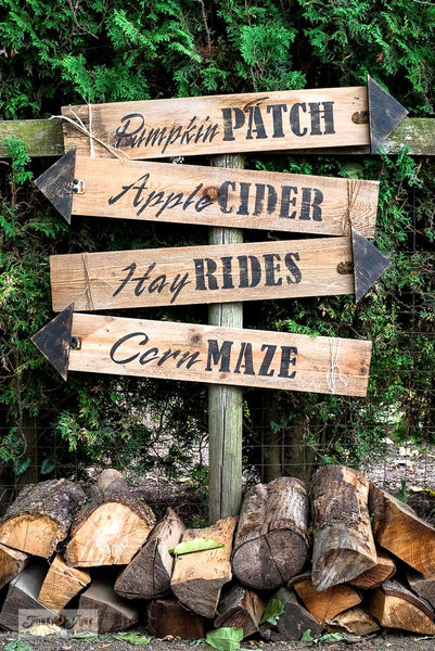Collect all 4 iconic fall stencils to create this fall directional sign! Includes Pumpkin Patch, Apple Cider, Hay Rides and Corn Maze by Funky Junk's Old Sign Stencils.