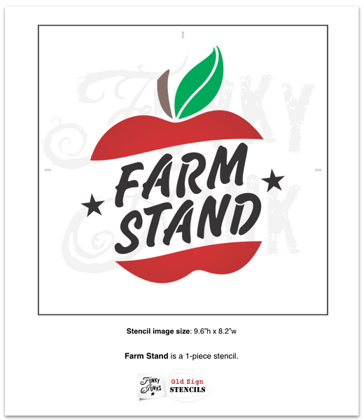 Farm Stand stencil by Funky Junk's Old Sign Stencils is an enchanting fall or all-season stencil that takes you to the fresh, local produce stand! Styled with a bold, hand scripted font, star details all tucked inside an apple graphic. Sized for sign making on boards, grain sacks, crates and throw pillows.