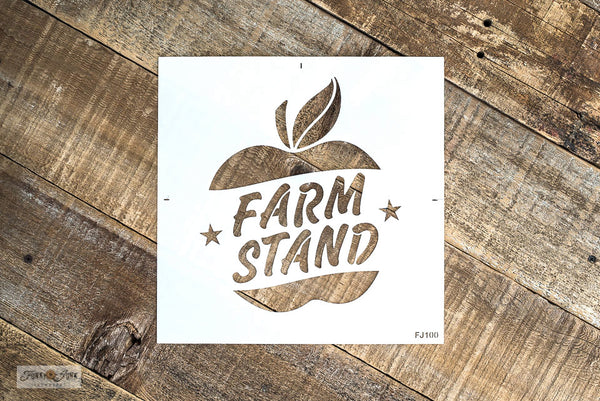 Farm Stand stencil by Funky Junk's Old Sign Stencils is an enchanting fall or all-season stencil that takes you to the fresh, local produce stand! Styled with a bold, hand scripted font, star details all tucked inside an apple graphic. Sized for sign making on boards, grain sacks, crates and throw pillows.