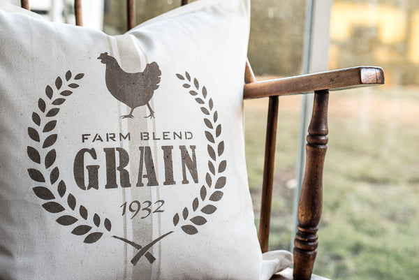 Farm Blend Grain 1932 is a vintage-styled grain sack stencil design making it easy to stencil grain sack designs onto pillows or projects. Comes with a chicken graphic, crossed wheat and timeless fonts. By Funky Junk's Old Sign Stencils.