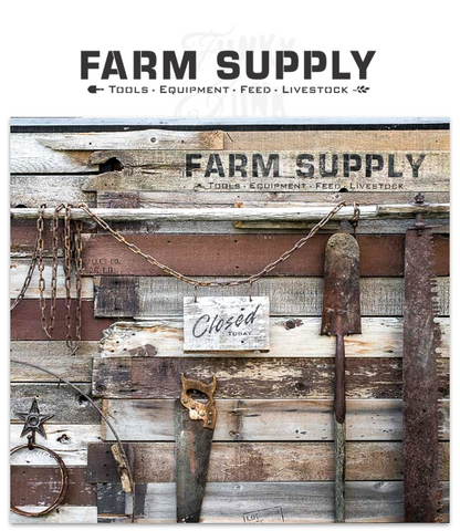 Farm Supply stencil by Funky Junk's Old Sign Stencils celebrates all the special ingredients required to live the farm lifestyle dream! Bold and timeless, with subtext of Tools, Equipment, Feed and Livestock, trimmed out with graphics of a shovel head and a sprig of wheat for added charm on your reclaimed wood sign.