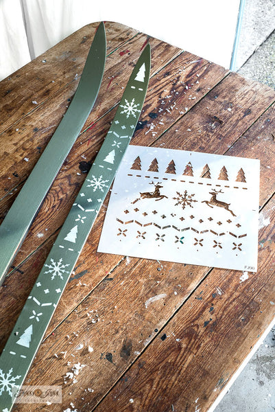Create Christmas Sweater styled skis with Funky Junk's Old Sign Stencils!