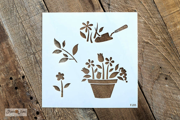 Flower Graphics stencil by Funky Junk's Old Sign Stencils is a flower garden-styled stencil of flower graphics, to help enhance your garden sign projects with pretty flower visuals! Images include overflowing flowers in a terracotta pot, garden shovel digging up plants, grass, leafy branch and a stemmed flower.