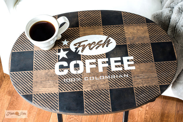 The Fresh Coffee stencil by Funky Junk's Old Sign Stencils celebrates our favorite beverage! Styled as a logo, this coffee stencil design looks fabulous stenciled as a crate stamp, sign, on pillow covers and fits perfectly on most smaller scaled projects.