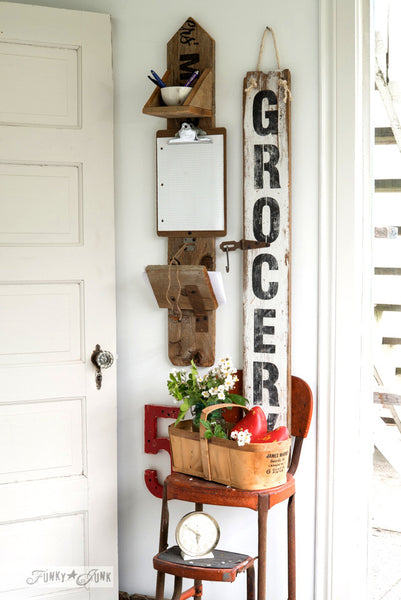 Make reclaimed wood farmhouse GROCERY signs with Funky Junk's Old Sign Stencils