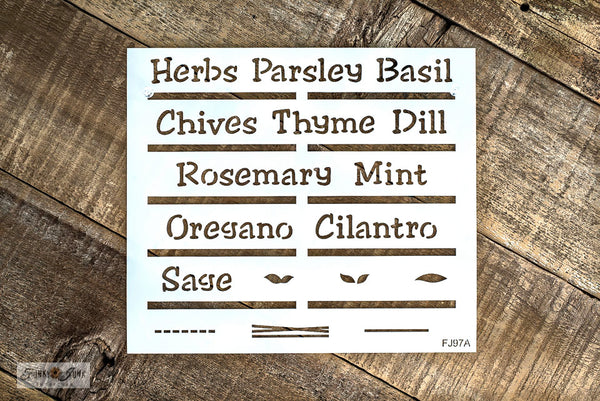 Garden Labels stencils with Herbs and Vegetables by Funky Junk's Old Sign Stencils help you easily create garden plant stake labels! Designed to fit cedar stakes, in a hand written font, & includes border and leaf graphics to decorate your garden stakes! Includes peek holes for easy text alignment.