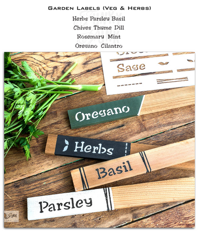 Garden Labels stencils with Herbs and Vegetables by Funky Junk's Old Sign Stencils help you easily create garden plant stake labels! Designed to fit cedar stakes, in a hand written font, & includes border and leaf graphics to decorate your garden stakes! Includes peek holes for easy text alignment.