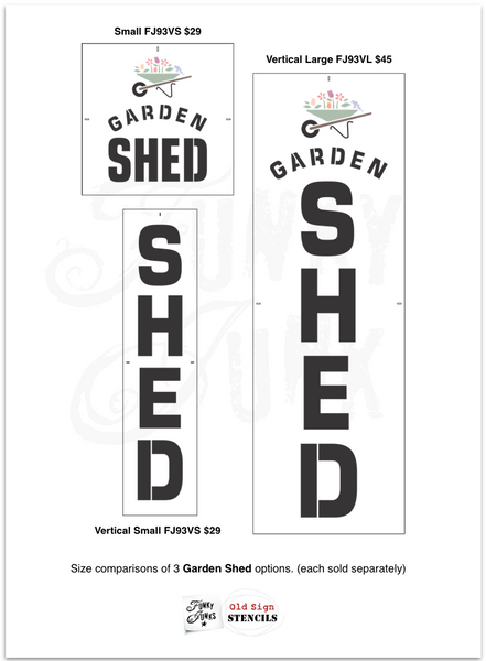 Garden Shed stencils by Funky Junk's Old Sign Stencils helps create a garden sign that will turn a plain garden shed into a beautiful backyard feature! 3 options of square or vertical signs, designed with bold text and a whimsical wheelbarrow filled with overflowing flowers for that perfect decorative garden touch!