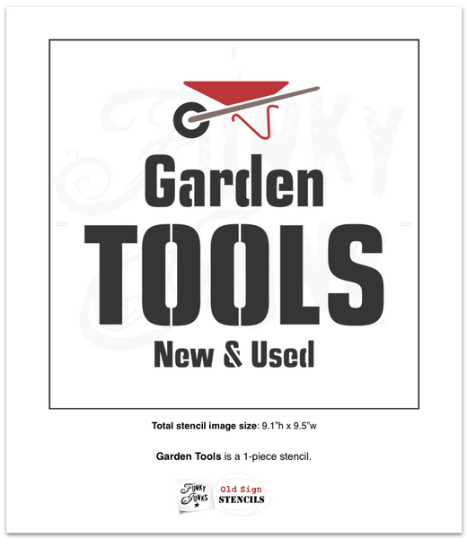 Garden Tools stencil by Funky Junk's Old Sign Stencils helps to create a handy and decorative garden sign to label up your collection of garden tools! Designed in bold text with New & Used subtext, and a whimsical wheelbarrow graphic for that perfect garden tool touch.