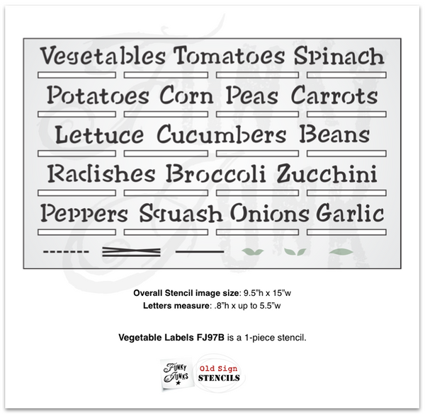 Garden Labels stencils with Herbs and Vegetables by Funky Junk's Old Sign Stencils help you easily create garden plant stake labels! Designed to fit cedar stakes, in a hand written font, & includes border and leaf graphics to decorate your garden stakes! Includes peek holes for easy text alignment.