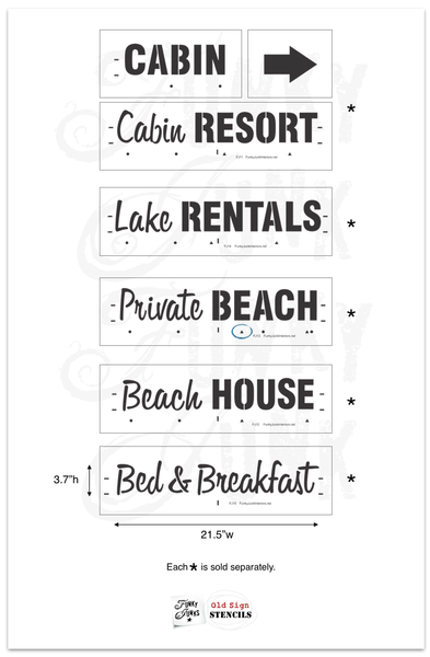 Getaway Collection are summer themed stencils. Lake Rentals, Beach House, Bed & Breakfast, Private Beach and Cabin Resort. By Funky Junk's Old Sign Stencils.