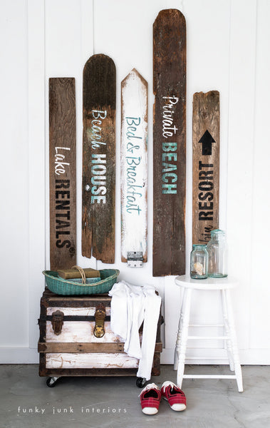 Create your own rustic summer themed signs with the Getaway Collection stencils.  Lake Rentals, Beach House, Bed & Breakfast, Private Beach and Cabin Resort. By Funky Junk's Old Sign Stencils.