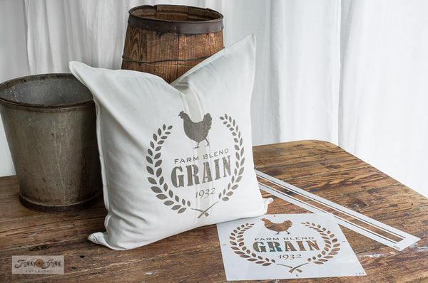 Farm Blend Grain 1932 is a vintage-styled grain sack stencil design making it easy to stencil grain sack designs onto pillows or projects. Comes with a chicken graphic, crossed wheat and timeless fonts. By Funky Junk's Old Sign Stencils.
