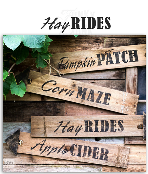 Hay Rides fall stencil by Funky Junk's Old Sign Stencils is the perfect stencil for fall or Halloween decorating! Create a sign on reclaimed wood, use it on furniture, or anywhere desired! Collect all our fall signs that match - Corn Maze, Hay Rides and Apple Cider.