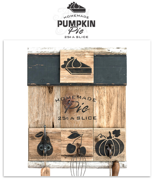 Homemade Pumpkin Pie 25 Cents A Slice by Funky Junk's Old Sign Stencils is a fall stencil that celebrates your love for homemade baking! Designed with bold and script letters, and a slice of pumpkin pie topped with whipping cream. This fall stencil is designed to fit small crates, windows, pillows, placemats, and more!