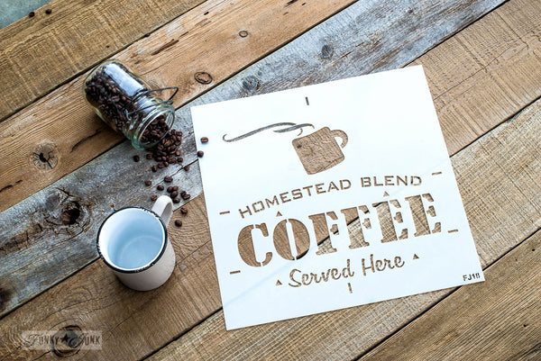 Homestead Blend Coffee - Served Here by Funky Junk's Old Sign Stencils is a 1-piece coffee-themed stencil that offers visions of your favorite coffee shop! Designed with bold coffee letters, subtext, and a steaming mug graphic. This coffee stencil is perfect for stenciling on crates, pillows, tv trays, signs and more!