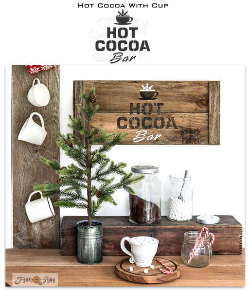 Deliver delicious winter vibes with our Hot Cocoa Bar Stencil by Funky Junk's Old Sign Stencils! Helps you create a warm and cozy sign for your hot cocoa station. Perfect for Christmas and all winter long, this Christmas stencil also includes a cute cup with a frosty snowflake.