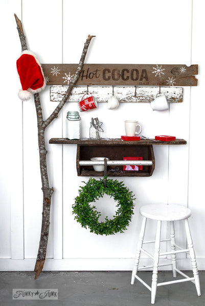 Hot Cocoa Bar by Funky Junk's Old Sign Stencils. Paint professional looking vintage styled seasonal signs onto reclaimed wood or furniture in minutes!