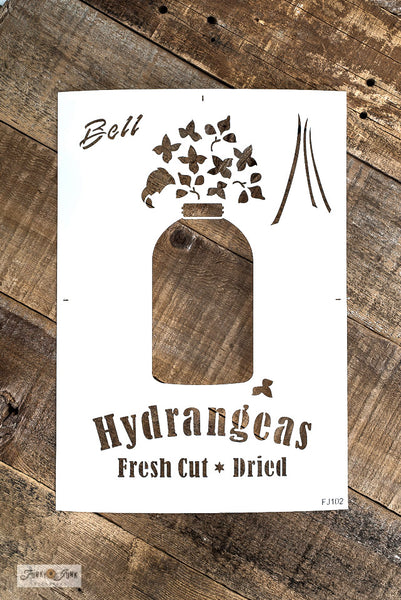 Hydrangeas Fresh Cut * Dried with Jar by Funky Junk's Old Sign Stencils is a vintage-inspired garden-themed summer, fall, or all-season stencil that comes with bold text, hydrangea flowers plus a vintage jar graphic! Create the perfect themed vase base when displaying your own picked hydrangea flowers!