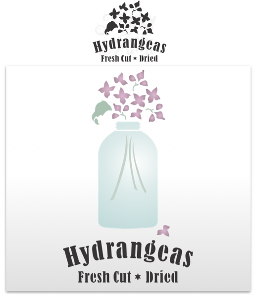 Hydrangeas Fresh Cut * Dried with Jar by Funky Junk's Old Sign Stencils is a vintage-inspired garden-themed summer, fall, or all-season stencil that comes with bold text, hydrangea flowers plus a vintage jar graphic! Create the perfect themed vase base when displaying your own picked hydrangea flowers!