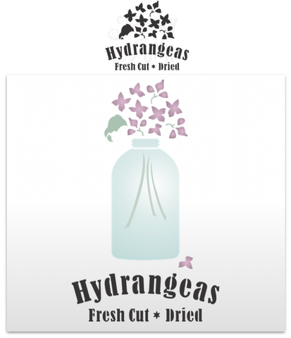Hydrangeas Fresh Cut * Dried with Jar by Funky Junk's Old Sign Stencils is a vintage-inspired garden-themed summer, fall, or all-season stencil that comes with bold text, hydrangea flowers plus a vintage jar graphic! Create the perfect themed vase base when displaying your own picked hydrangea flowers!