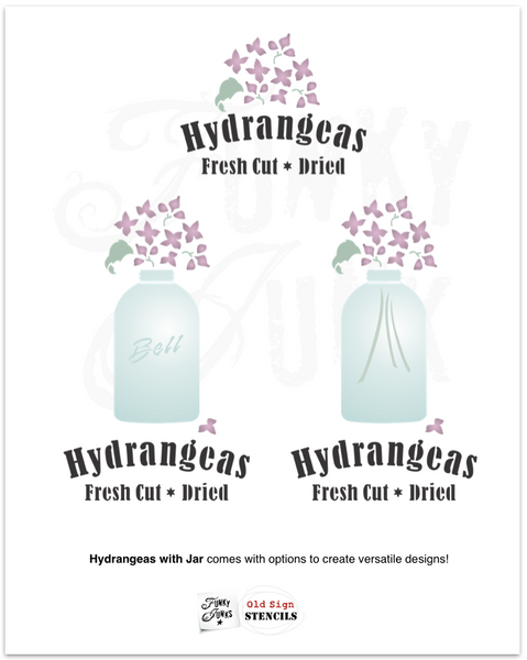 Hydrangeas Fresh Cut * Dried with Jar by Funky Junk's Old Sign Stencils is a vintage-inspired garden-themed summer, fall, or all-season stencil that comes with bold text, hydrangea flowers plus a vintage jar graphic! Create the perfect themed vase base when displaying your own picked hydrangea flowers!
