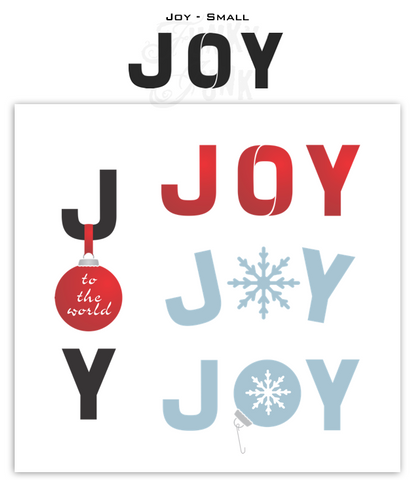 Joy - Small is a festive Christmas sign stencil design bursting with loads of creative mix & match options! Use Joy by itself in horizontal or vertical formats, with the option to replace the O in Joy with Accessories, that include 2 snowflakes, ornament, hook, ribbon, and to the world text.