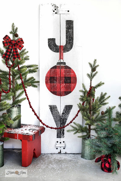 Learn how to stencil this festive JOY sign with a Buffalo Checked ornament! Made with Funky Junk's Old Sign Stencils.