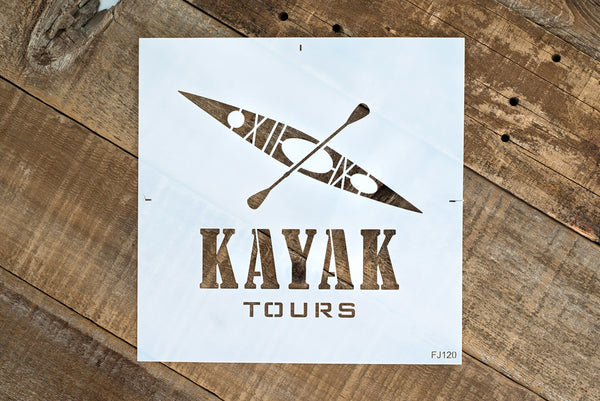 Kayak Tours by Funky Junk's Old Sign Stencils is a high quality reusable outdoor adventure stencil that celebrates your love for adventurous outdoor watersports! Comes with text, along with a kayak and oar graphic.