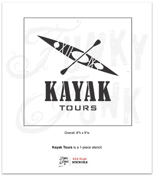 Kayak Tours by Funky Junk's Old Sign Stencils is a high quality reusable outdoor adventure stencil that celebrates your love for adventurous outdoor watersports!  Comes with text, along with a kayak and oar graphic.