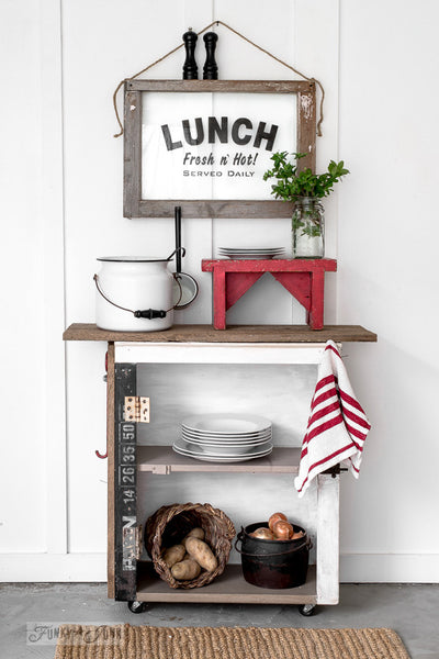 Lunch sign on a window by Funky Junk's Old Sign Stencils. Paint professional looking vintage farmhouse styled food signs onto reclaimed wood or furniture with this stencil!