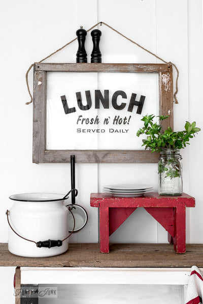 Lunch sign on a window by Funky Junk's Old Sign Stencils. Paint professional looking vintage farmhouse styled food signs onto reclaimed wood or furniture with this stencil!
