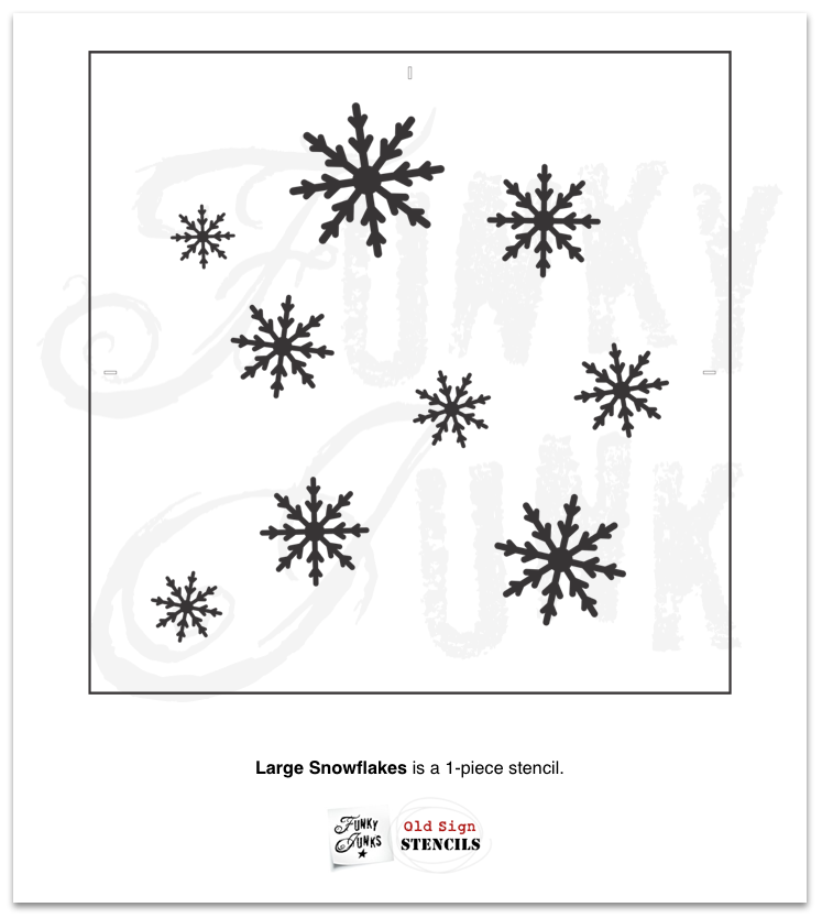 Large Snowflakes stencil by Funky Junk's Old Sign Stencils is a Christmas and winter stencil pattern that is designed to repeat randomly, with no exact matching-up edges required! A flurry of different sized snowflakes fall from the sky, twisting in random directions. This snowflake stencil is very easy to use.