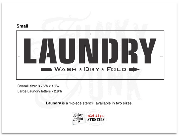 The Laundry Wash Dry Fold stencil by Funky Junk's Old Sign Stencils is a bold, clean and timeless stencil design, conjuring up memories of the old laundromats from the past. Perfect for creating a Laundry room sign with vintage charm! Comes with a small directional arrow graphic.