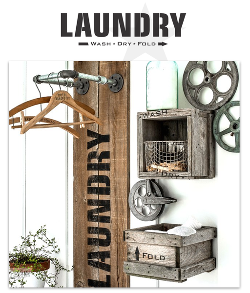The Laundry Wash Dry Fold stencil by Funky Junk's Old Sign Stencils  is a bold, clean and timeless stencil design, conjuring up memories of the old laundromats from the past. Perfect for creating a Laundry room sign with vintage charm! Comes with a small directional arrow graphic.