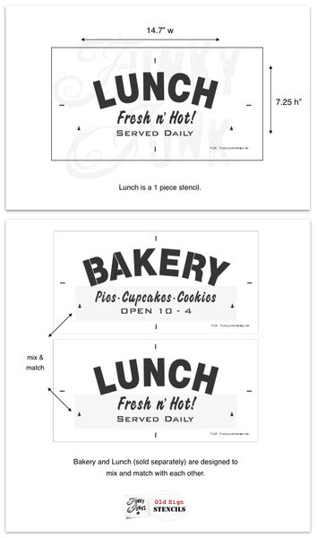 Lunch by Funky Junk's Old Sign Stencils. Paint professional looking vintage farmhouse styled food signs onto reclaimed wood or furniture with this stencil!