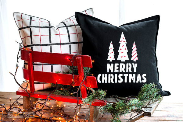 Festive coordinated pillow designs with Merry Christmas and Plaid Shirt \ stencils by Funky Junk's Old Sign Stencils