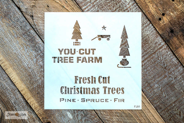 Mini Christmas Tree Signs is a versatile Christmas tree-themed stencil kit sized for smaller projects! Designed with two trees, sleigh, crate, sack, wagon, with You Cut Tree Farm, Fresh Cut Christmas Trees and Pine Spruce Fir.