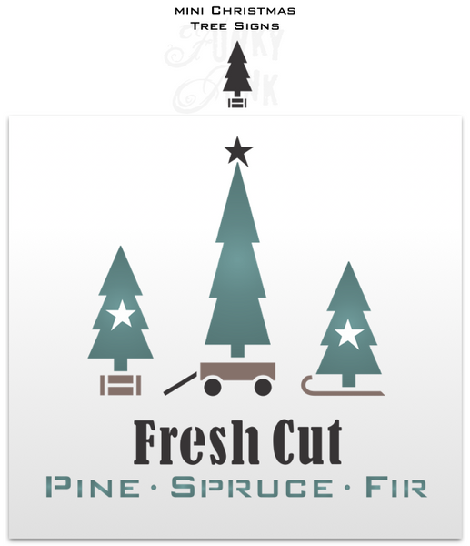 Mini Christmas Tree Signs is a versatile Christmas tree-themed stencil kit sized for smaller projects! Designed with two trees, sleigh, crate, sack, wagon, with You Cut Tree Farm, Fresh Cut Christmas Trees and Pine Spruce Fir.